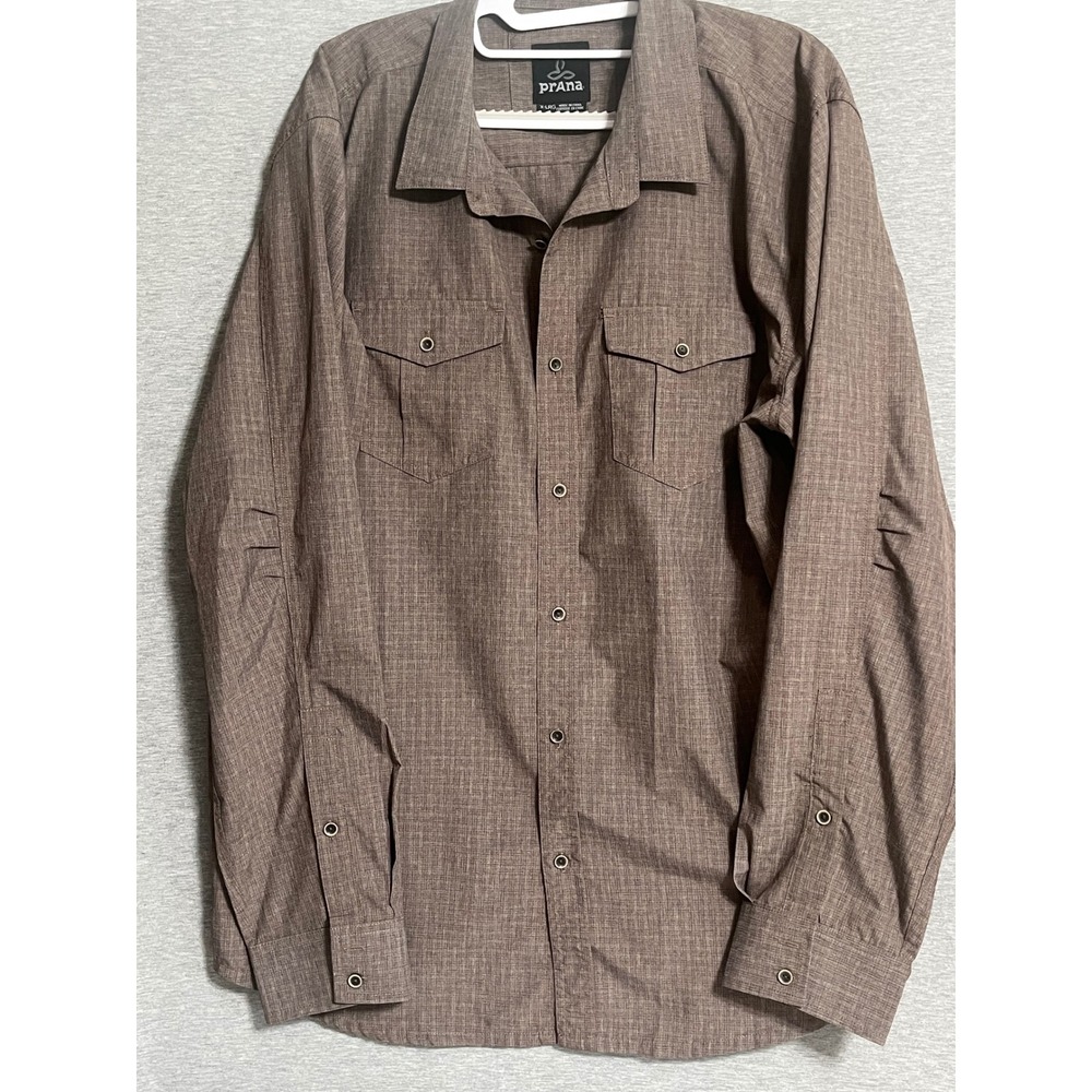 Prana Mens Brown Heathered Long Sleeve Button up Front Utility Shirt Size XL
